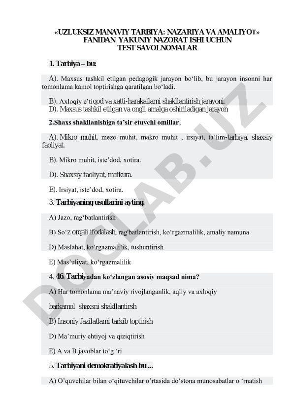 Uzluksiz ma'naviy tarbiya: nazariya va amaliyot fanidan test savollar