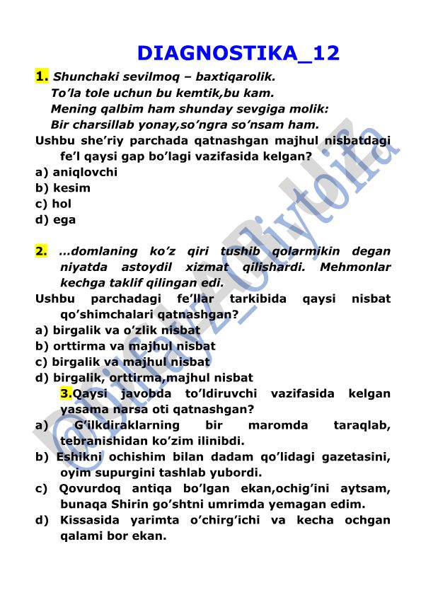 O'zbek tili grammatikasi test savollari