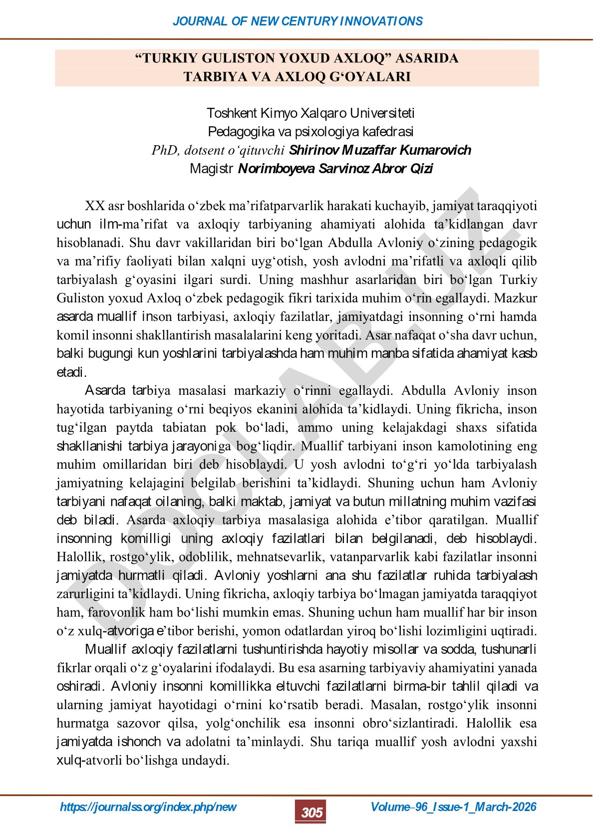 Abdulla Avloniyning Turkiy Guliston yoxud Axloq asarida tarbiya va axloq g'oyalari
