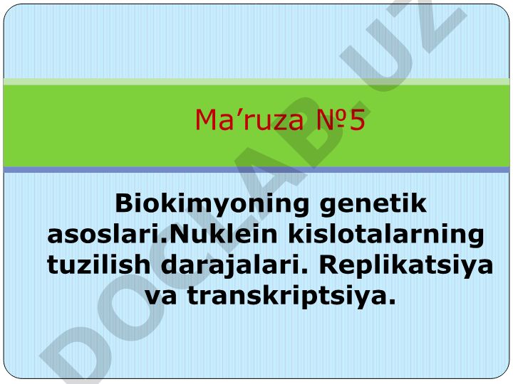 Biokimyoning genetik asoslari: Nuklein kislotalar, replikatsiya va transkriptsiya
