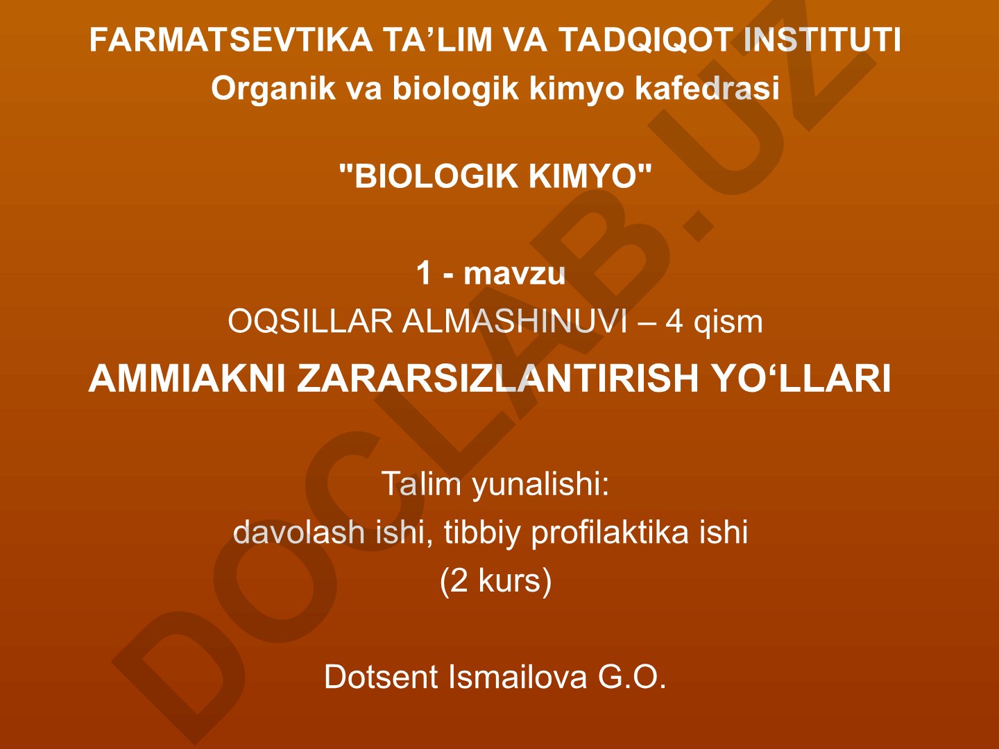 Ammiakni zararsizlantirish yo'llari va siydikchil sintezi