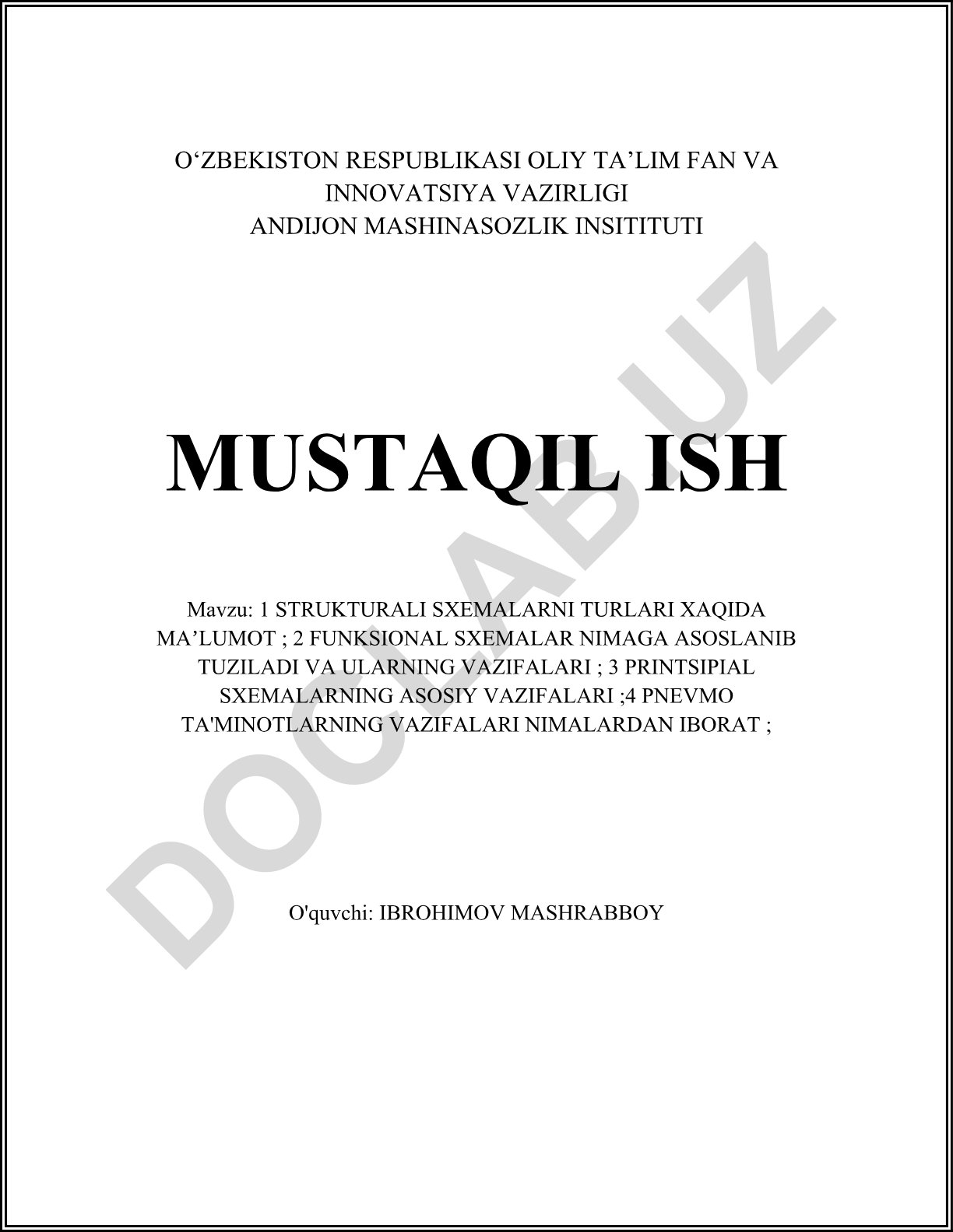 Strukturali sxemalar turlari, funksional va printsipial sxemalar, pnevmo ta'minotlar