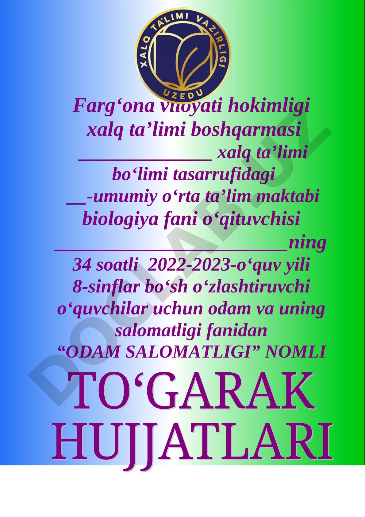 Odam salomatligi to‘garagi 8-sinflar uchun ish rejasi