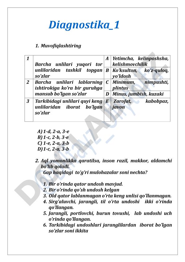 O'zbek tili fonetikasi va sintaksisi bo'yicha diagnostik test