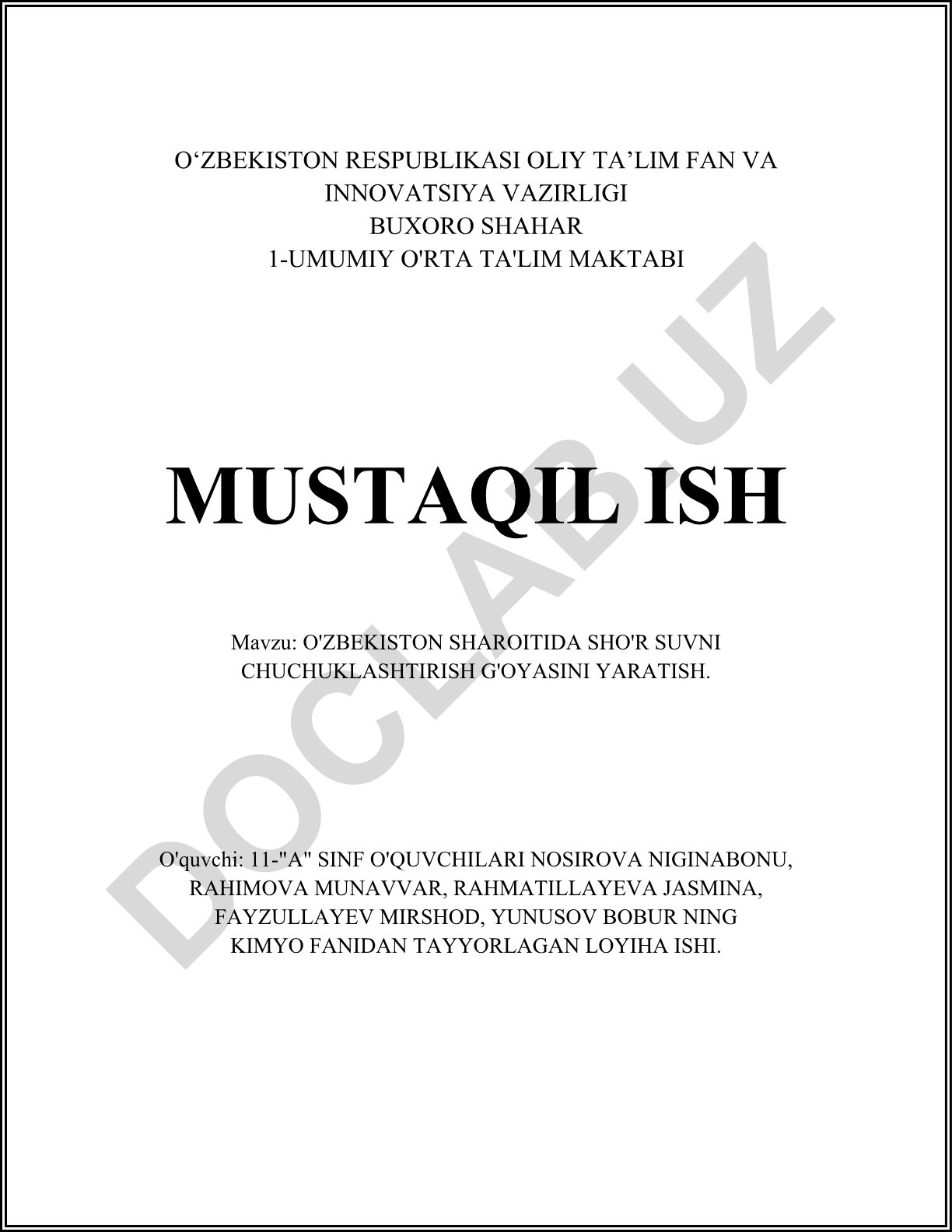 O'zbekiston sharoitida sho'r suvni chuchuklashtirish g'oyasini yaratish