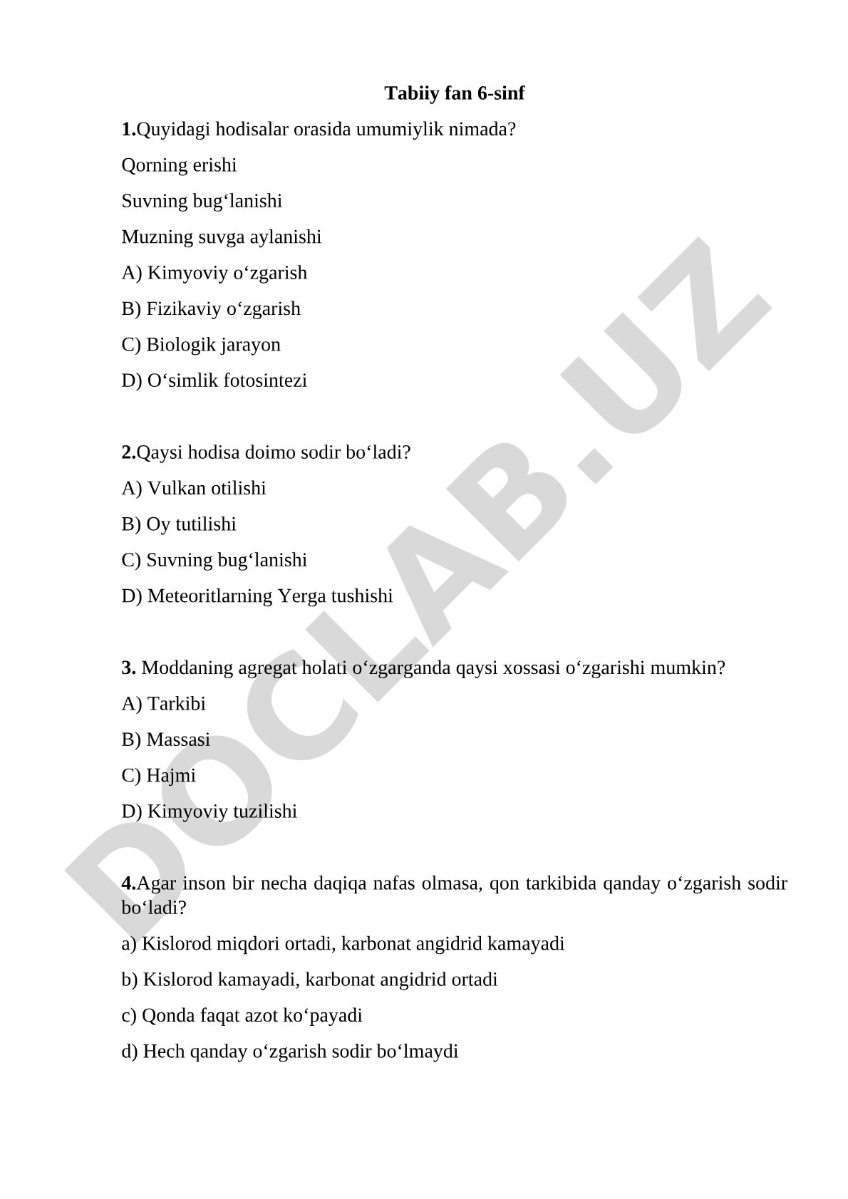 Tabiiy fan 6-sinf test savollari
