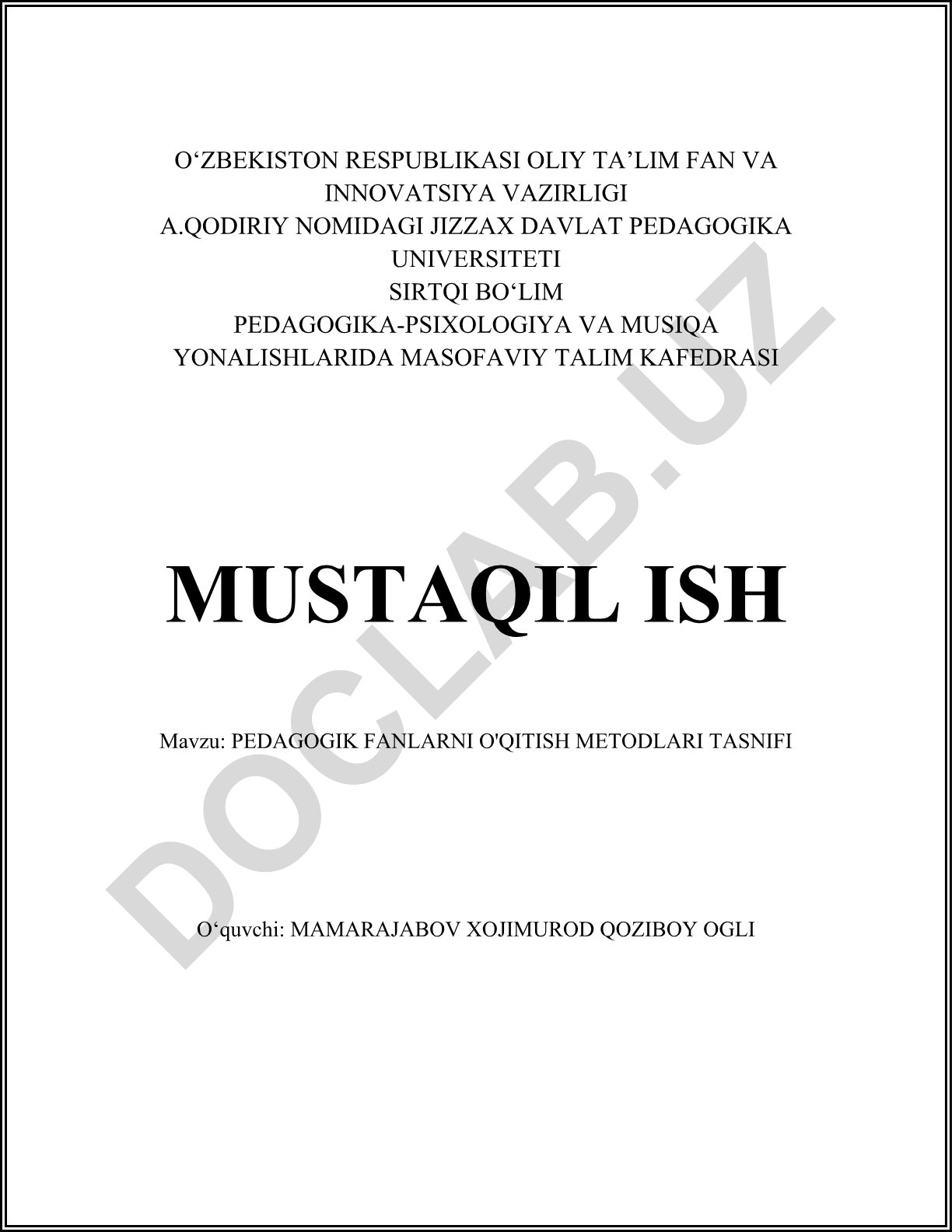 Pedagogik fanlarni o'qitish metodlari tasnifi
