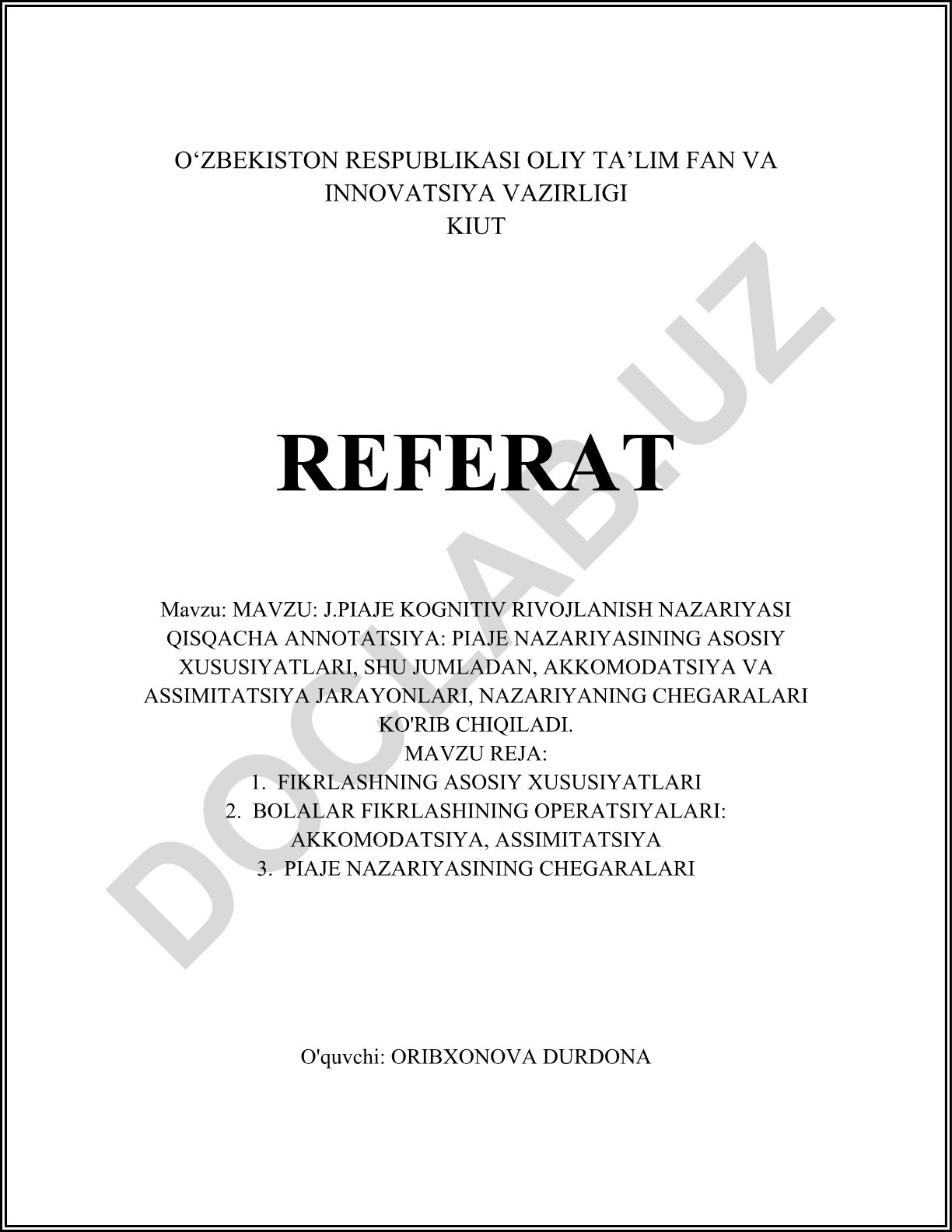 J.Piaje kognitiv rivojlanish nazariyasi