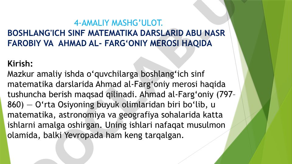 Boshlang'ich sinf matematika darslarida Ahmad al-Farg'oniy merosi