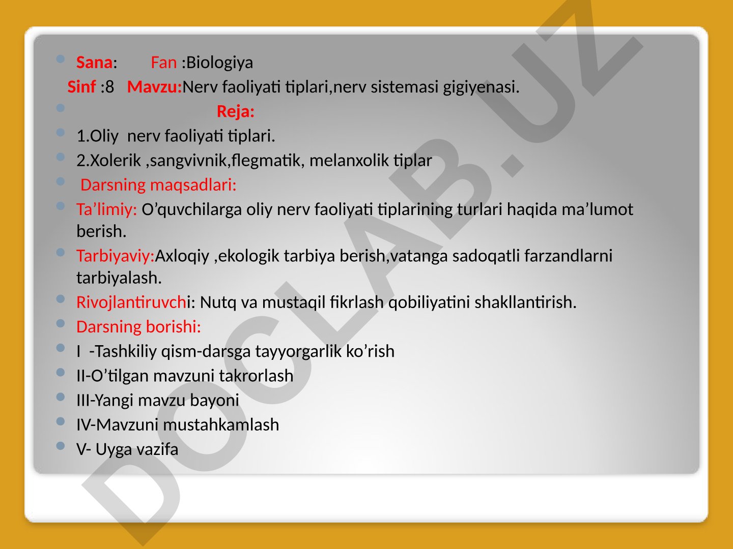 Nerv faoliyati tiplari va nerv sistemasi gigiyenasi