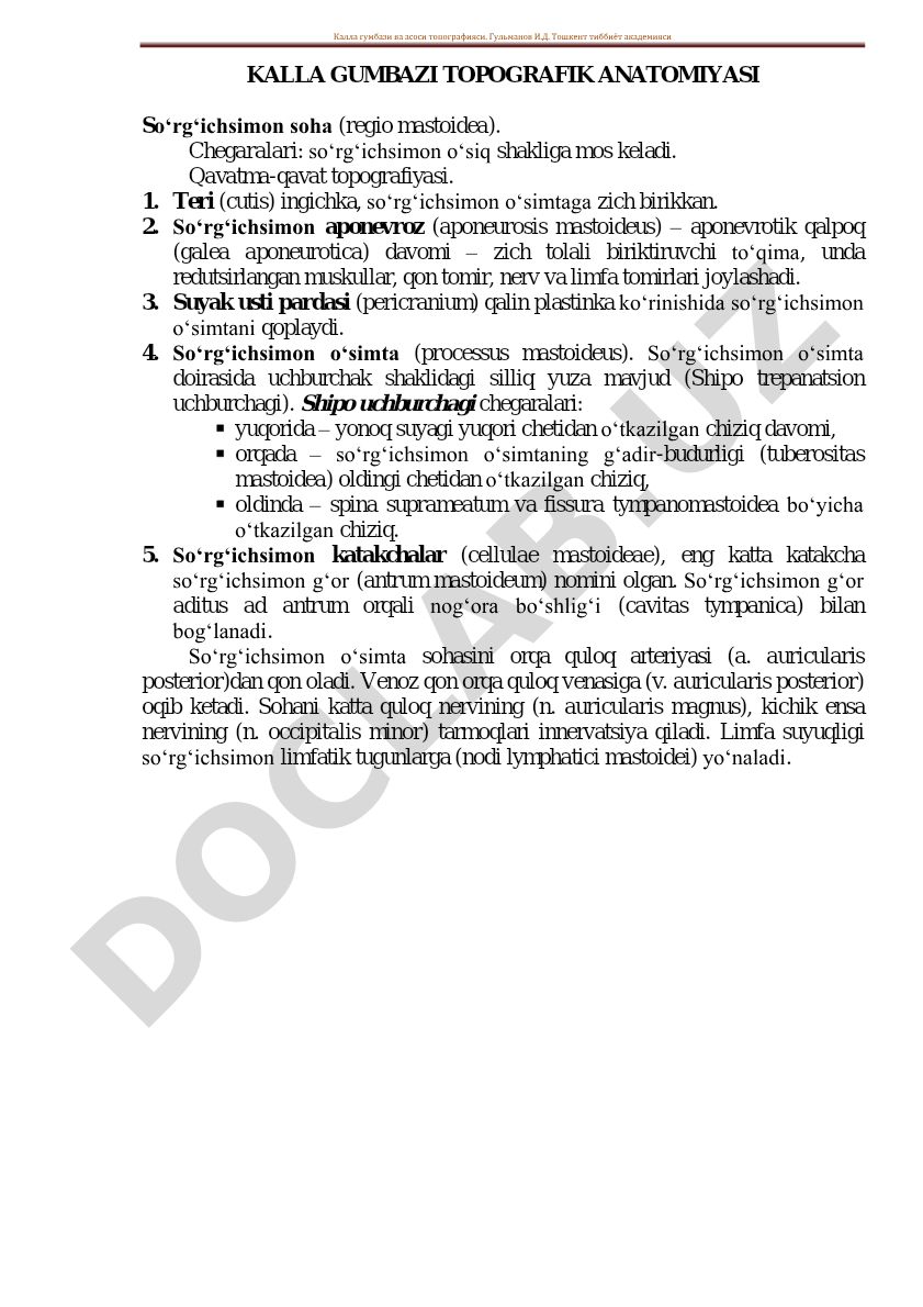 Kalla gumbazi topografik anatomiyasi va so'rg'ichsimon soha