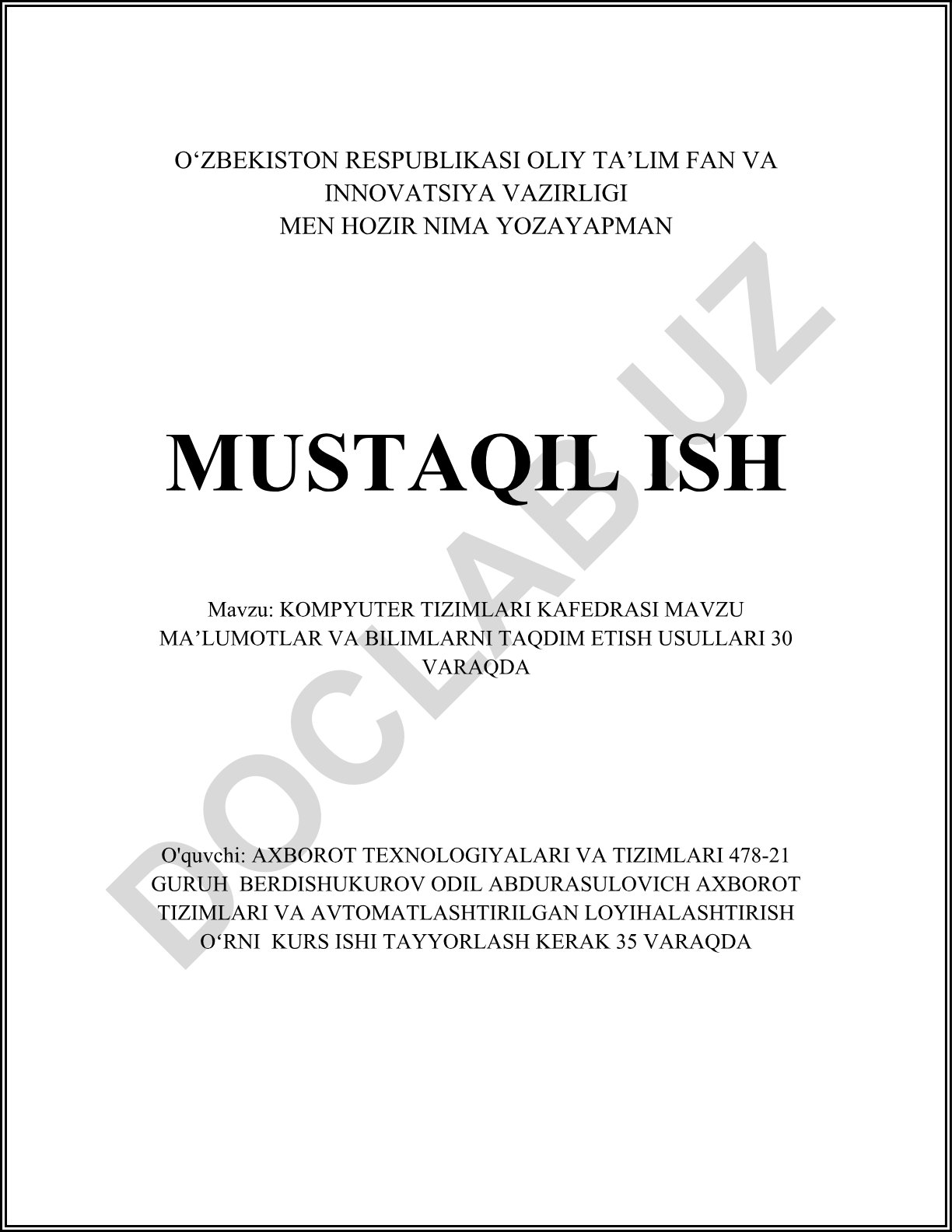 Kompyuter tizimlari kafedrasi: mavzu tanlash mezonlari va kurs ishini tuzish