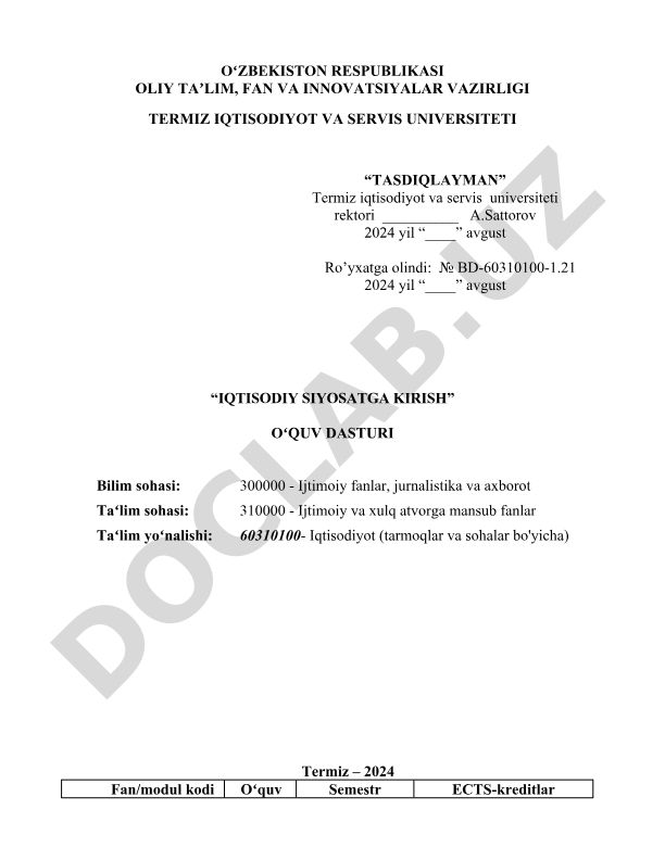 Iqtisodiy siyosatga kirish o'quv dasturi