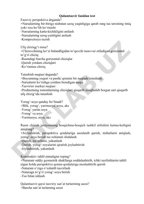 Qalamtasvir fanidan test savollari va javoblari