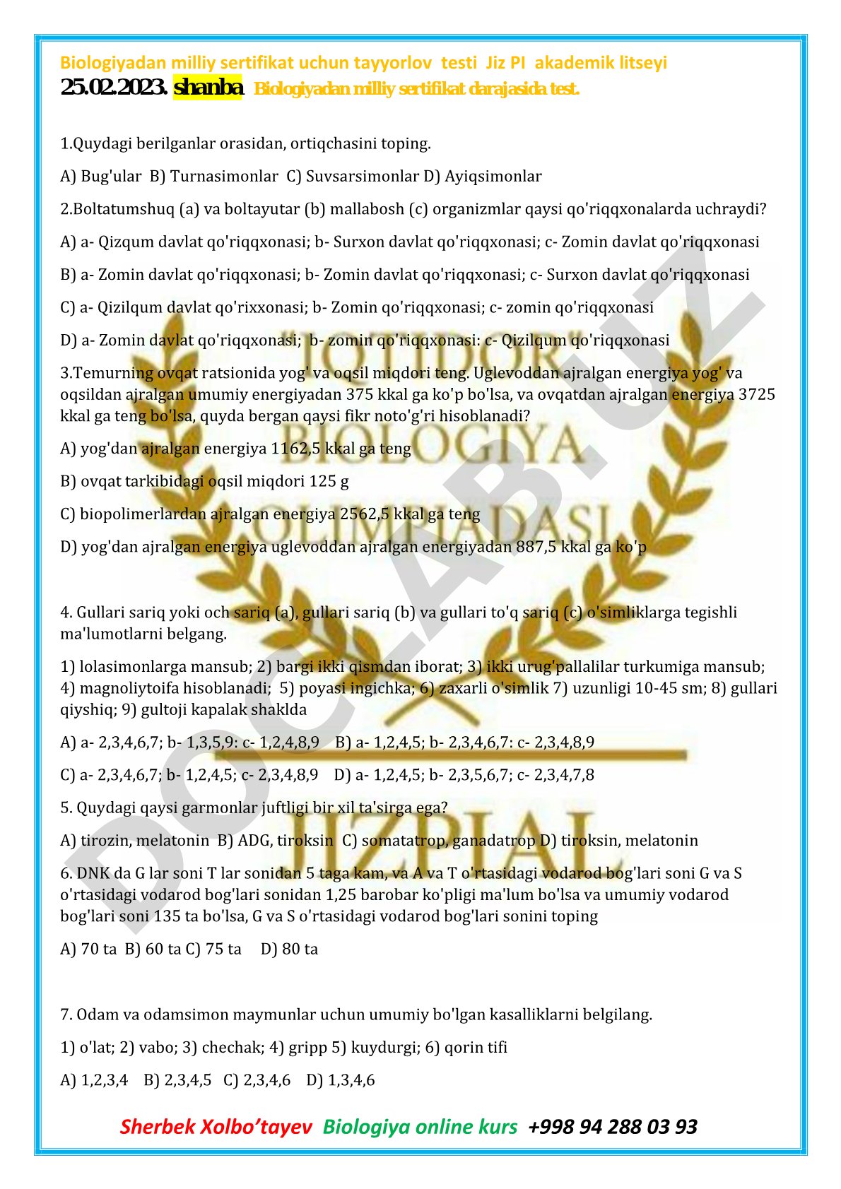 Biologiyadan milliy sertifikat uchun tayyorlov testi