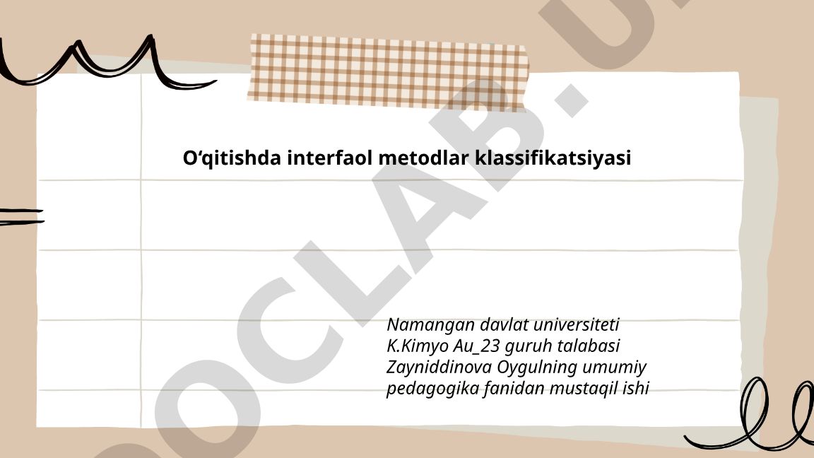 O‘qitishda interfaol metodlar klassifikatsiyasi