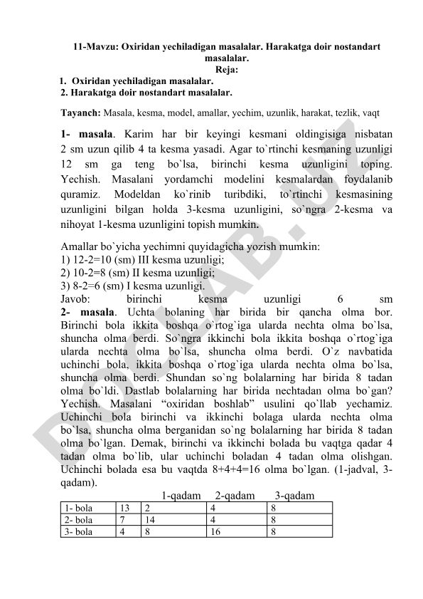 Oxiridan yechiladigan masalalar va harakatga doir nostandart masalalar