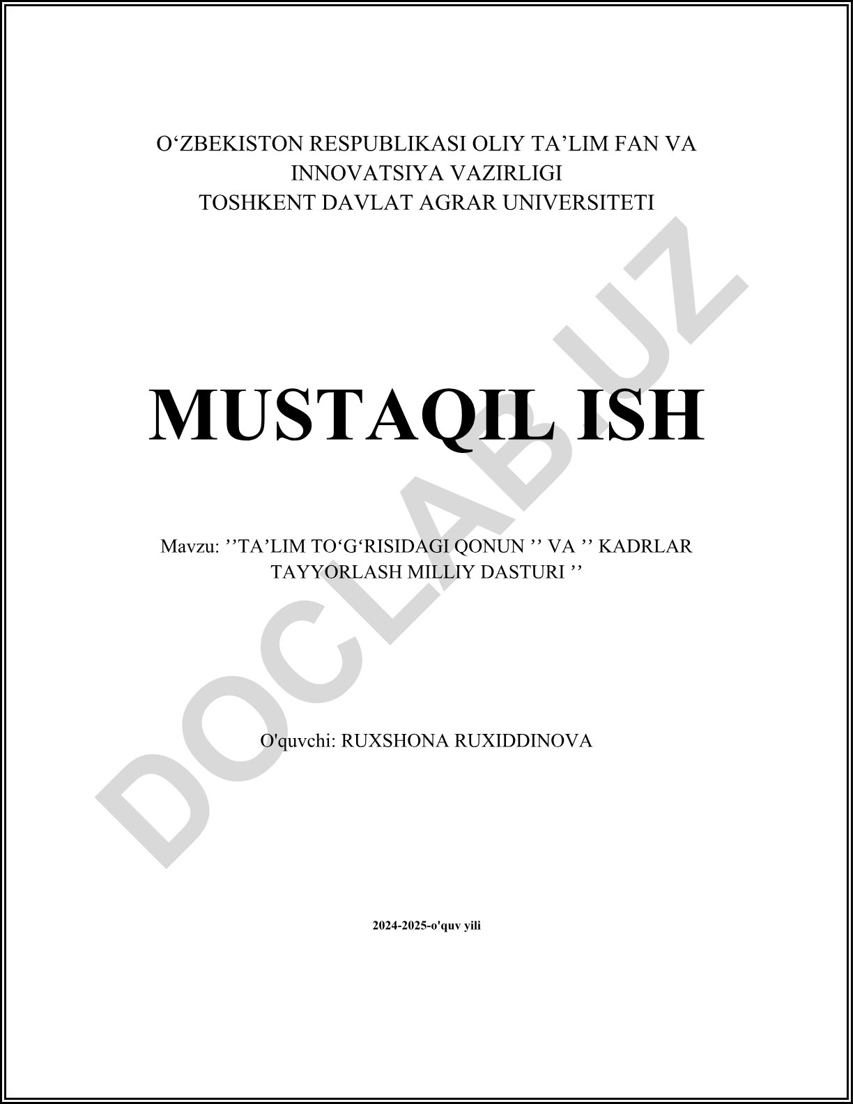 Ta'lim to'g'risidagi Qonun va Kadrlar tayyorlash milliy dasturi