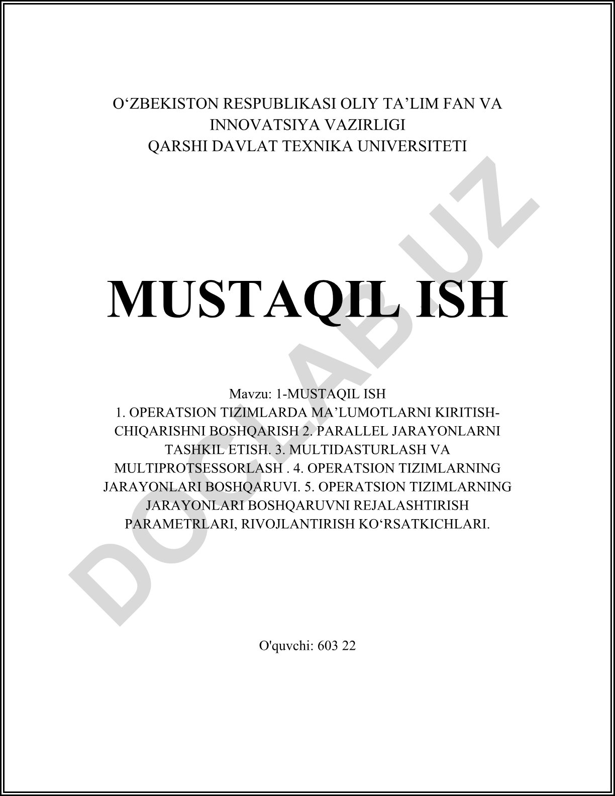 Operatsion tizimlarda ma'lumotlarni kiritish-chiqarishni boshqarish va jarayonlar boshqaruvi