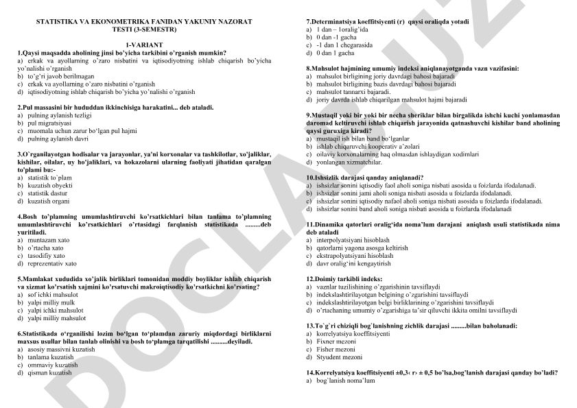 Statistika va ekonometrika fanidan yakuniy nazorat testi (3-semestr, 1-variant)