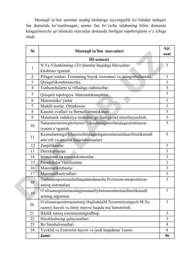 Mustaqil ta'lim seminar mashg'ulotlari uchun matematika mavzulari