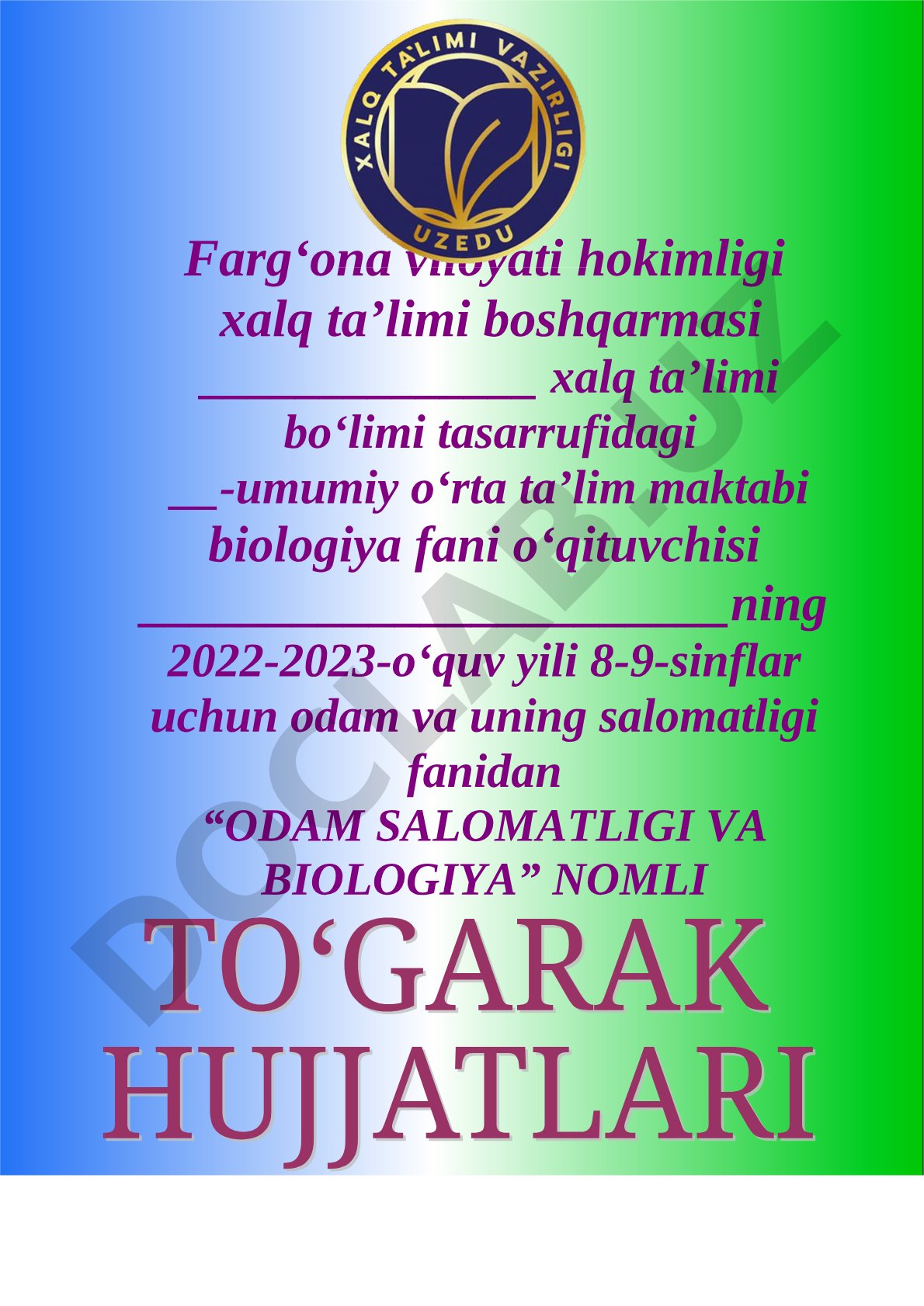 Odam salomatligi va biologiya to'garagi ish rejasi