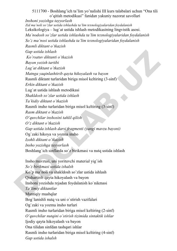 Ona tili o'qitish metodikasi fanidan yakuniy nazorat savollari