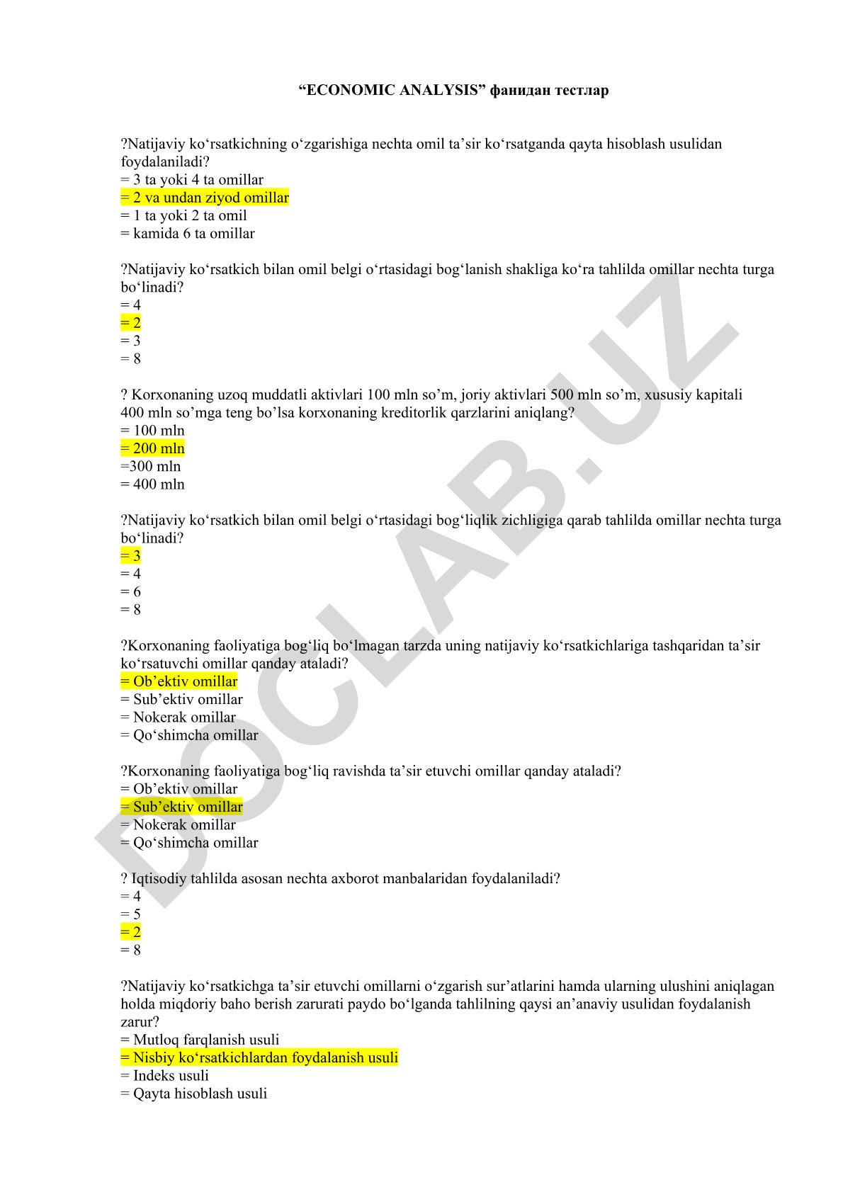 Iqtisodiy tahlil fanidan test savollari