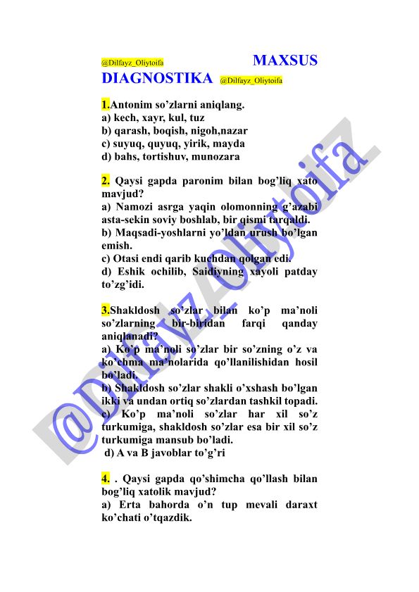O'zbek tili test topshiriqlari