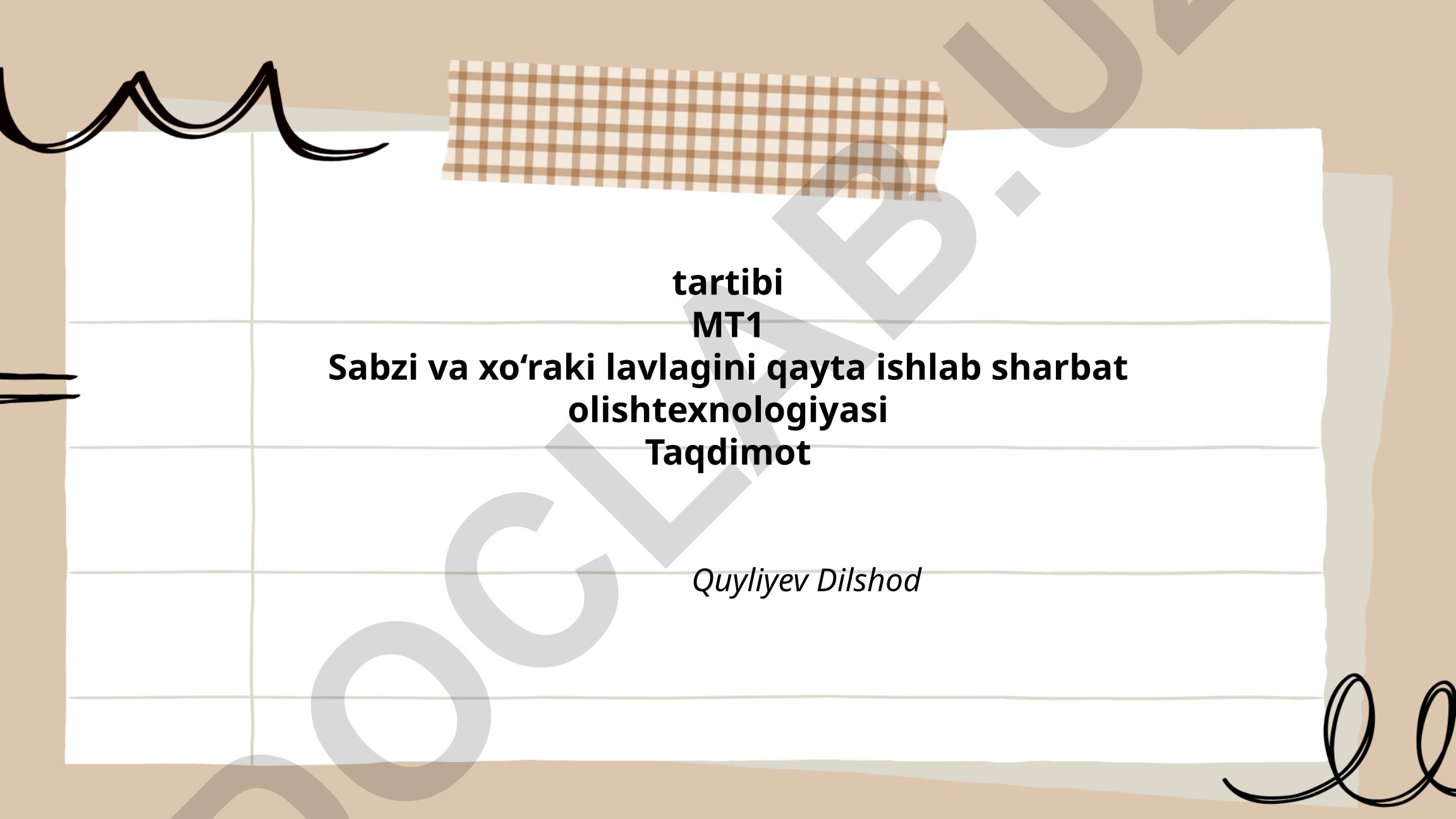 Sabzi va xo'raki lavlagini qayta ishlab sharbat olish texnologiyasi