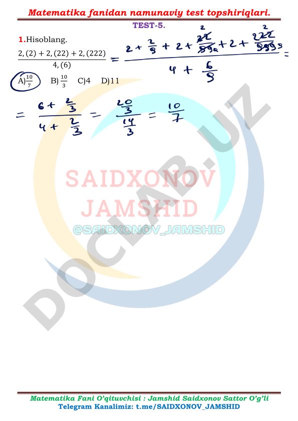 Matematika fanidan namunaviy test topshiriqlari