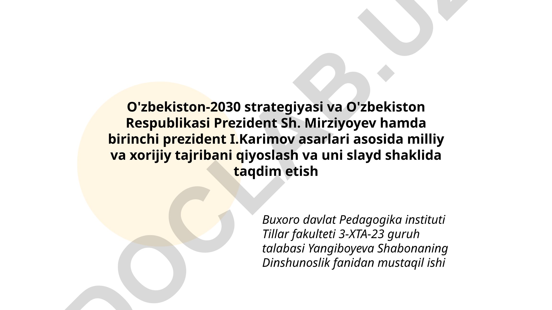 O'zbekiston-2030 strategiyasi va prezidentlar asarlari asosida milliy va xorijiy tajribani qiyoslash