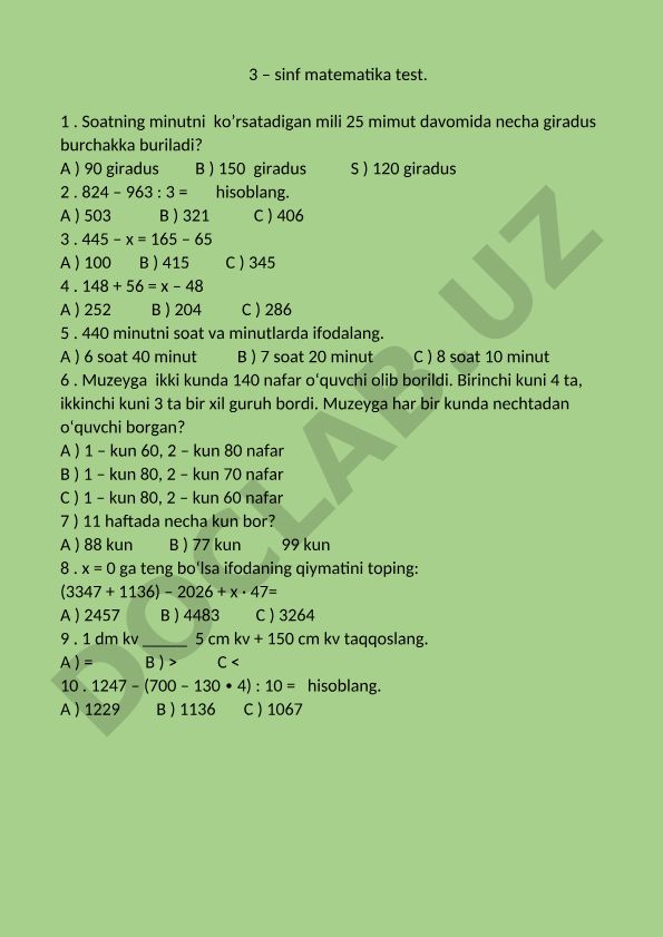 3-sinf matematika test savollari va javoblari