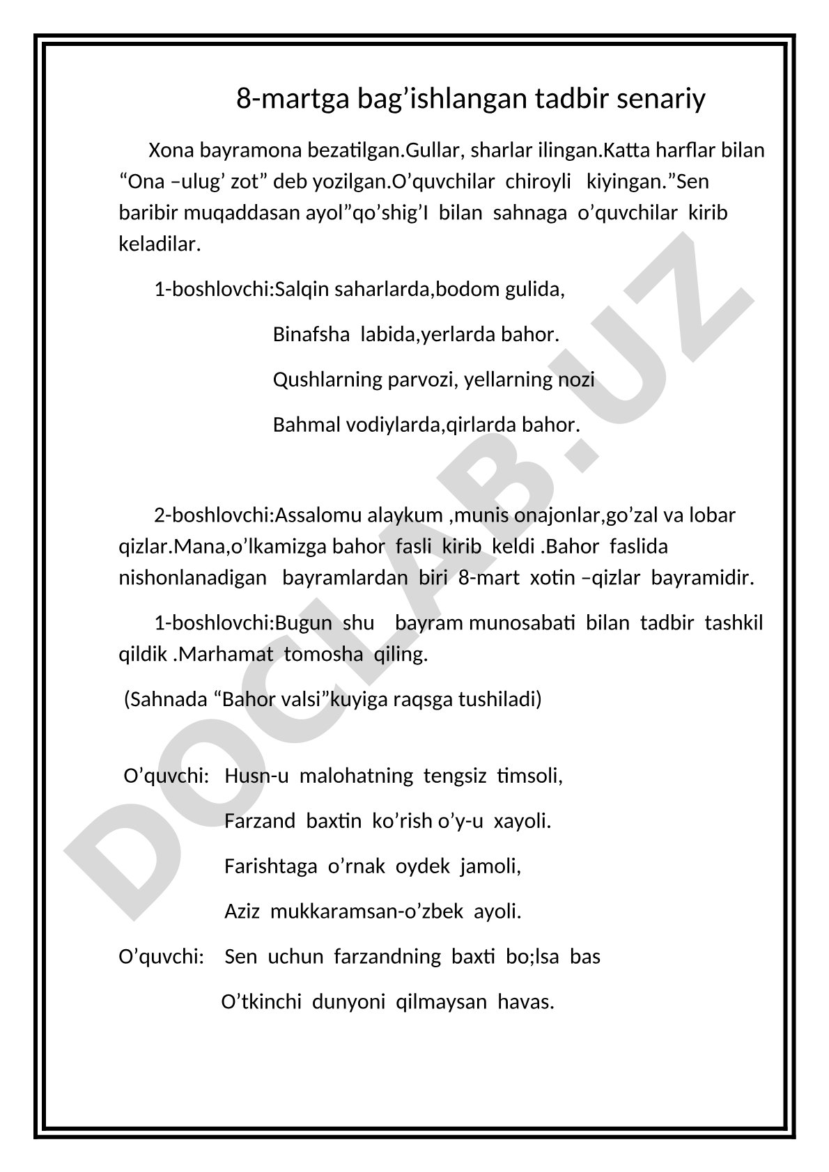 8-martga bag'ishlangan tadbir senariy