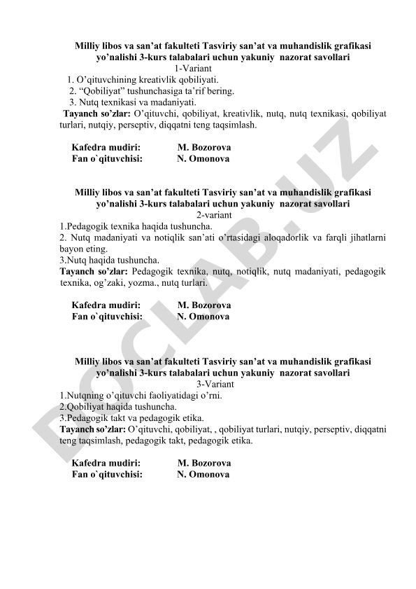 Tasviriy san'at va muhandislik grafikasi yo'nalishi 3-kurs talabalari uchun yakuniy nazorat savollari