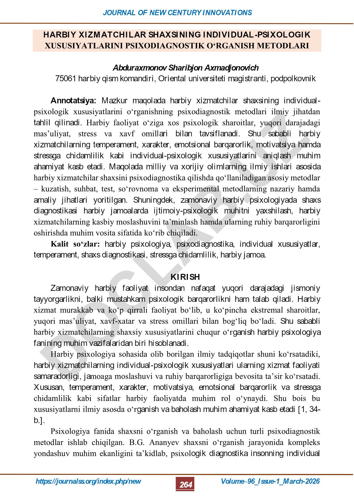 Harbiy xizmatchilar shaxsining individual-psixologik xususiyatlarini psixodiagnostik o‘rganish metodlari