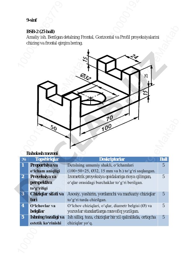 Detalning frontal, gorizontal va profil proyeksiyalarini chizish