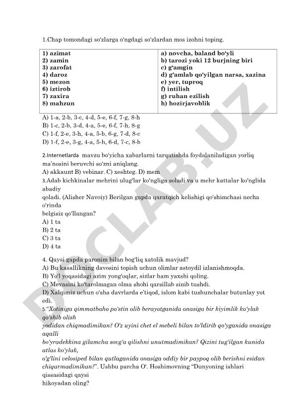 O'zbek tili test savollari