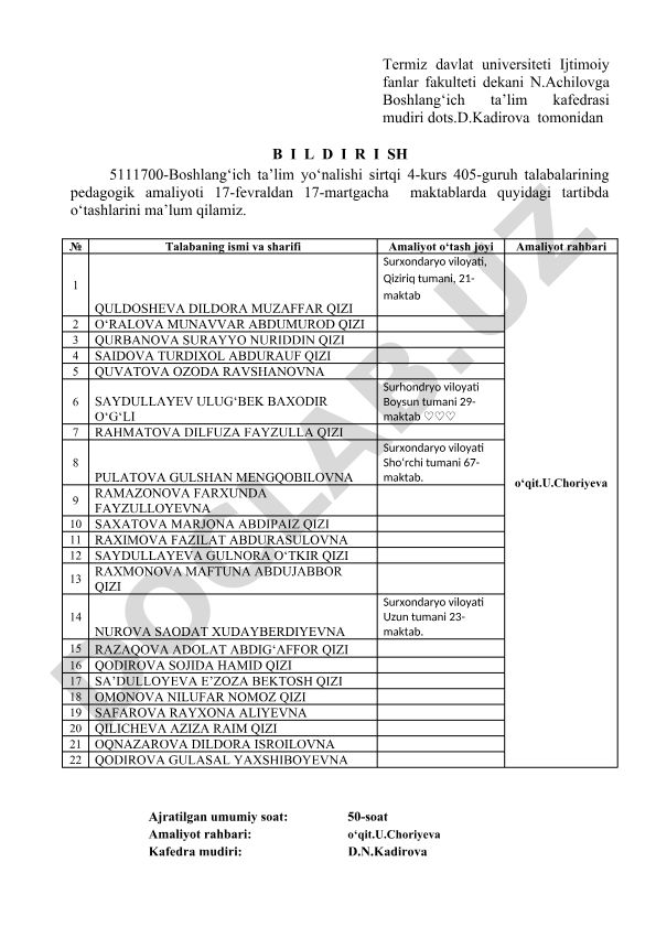 Boshlang'ich ta'lim yo'nalishi talabalarining pedagogik amaliyoti tartibi