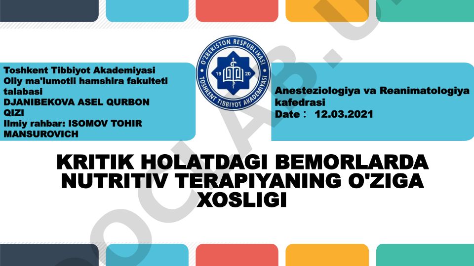Kritik holatdagi bemorlarda nutritiv terapiyaning o'ziga xosligi