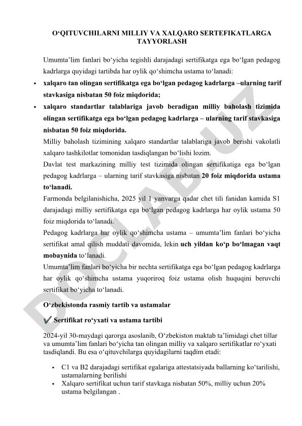 O‘qituvchilarni milliy va xalqaro sertifikatlarga tayyorlash tartibi