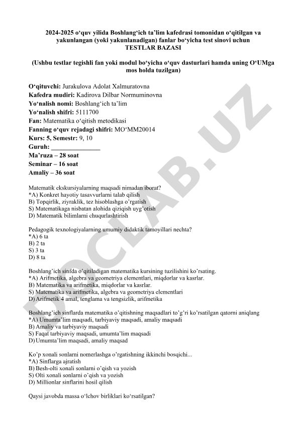 Boshlang'ich ta'limda matematika o'qitish metodikasi testlari