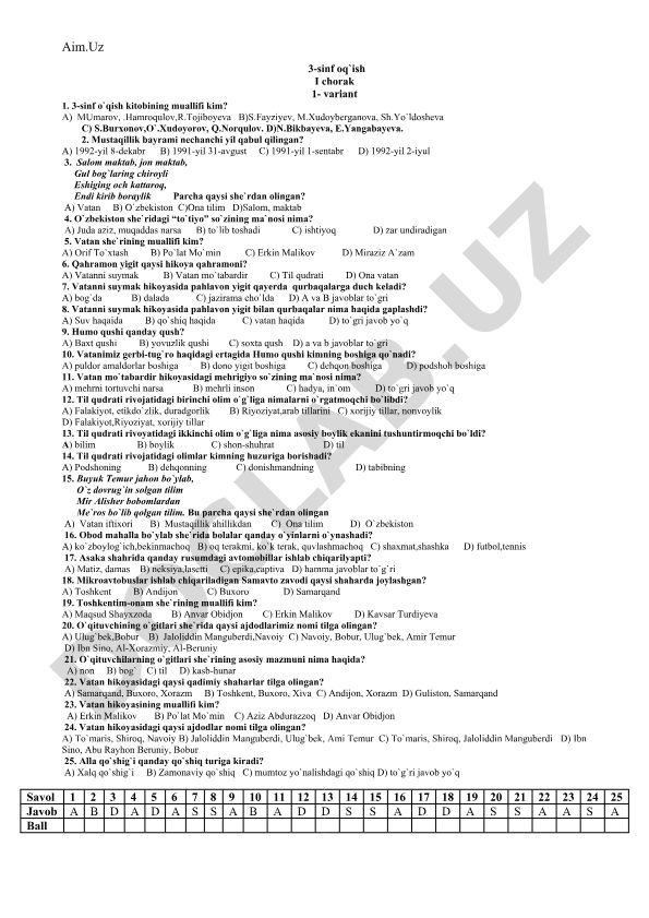 3-sinf o'qish fanidan 1-chorak test savollari