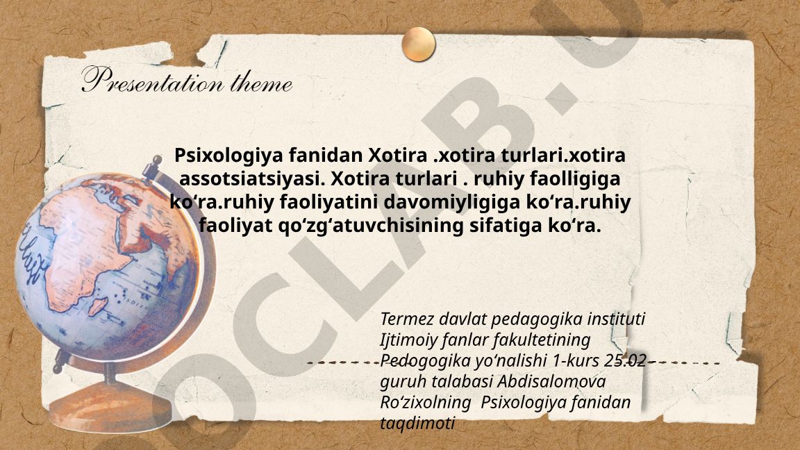Psixologiya fanidan Xotira va uning turlari