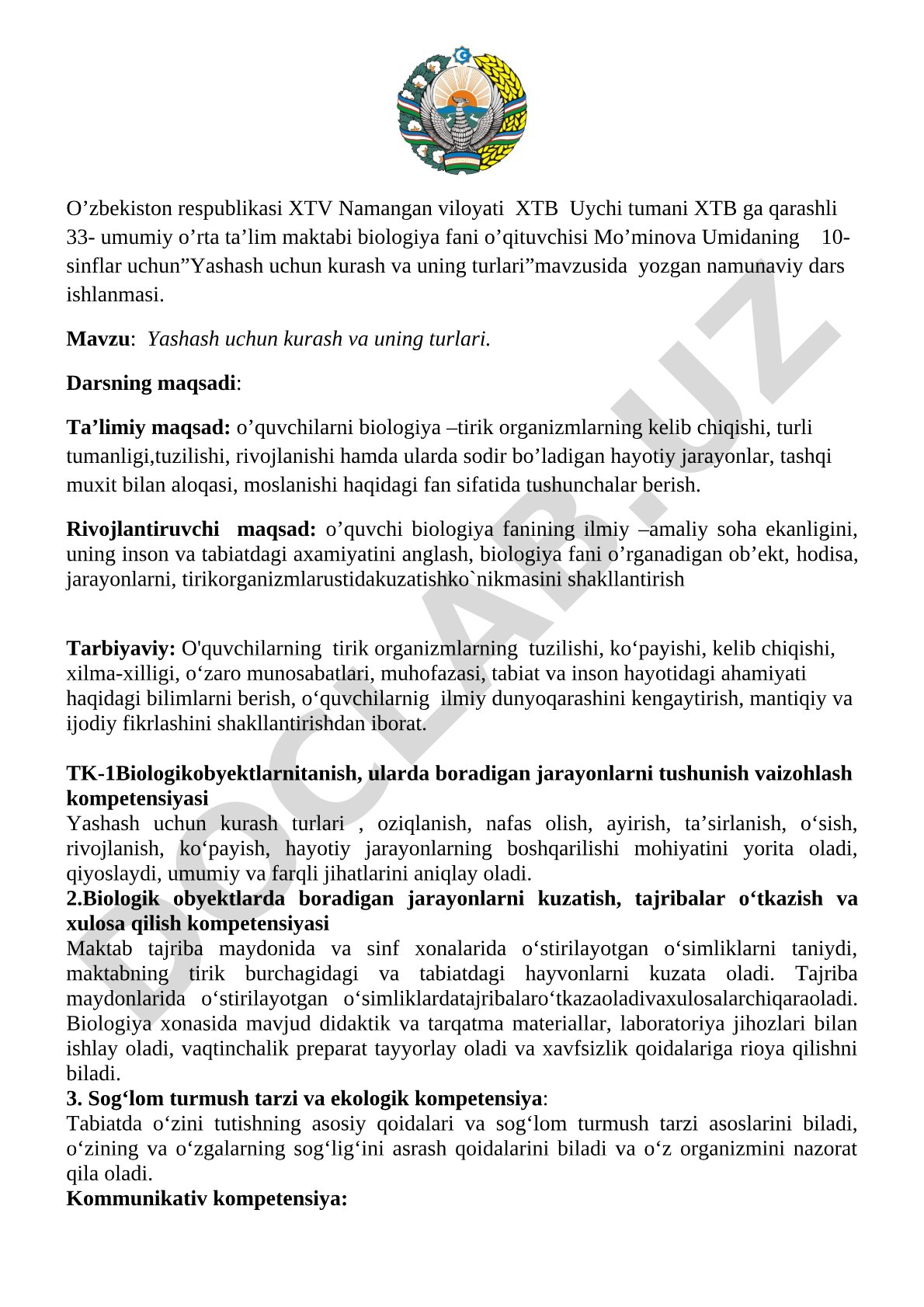 Yashash uchun kurash va uning turlari