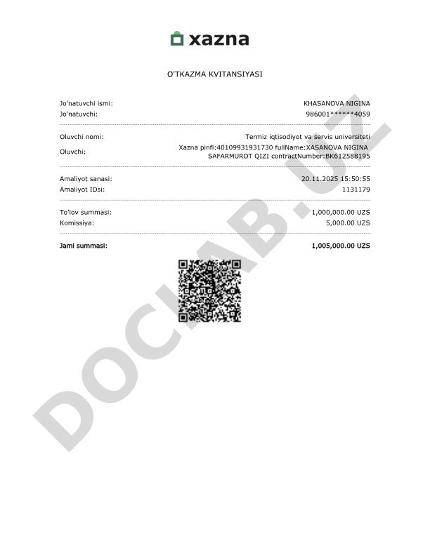 Termiz iqtisodiyot va servis universitetiga o'tkazma kvitansiyasi