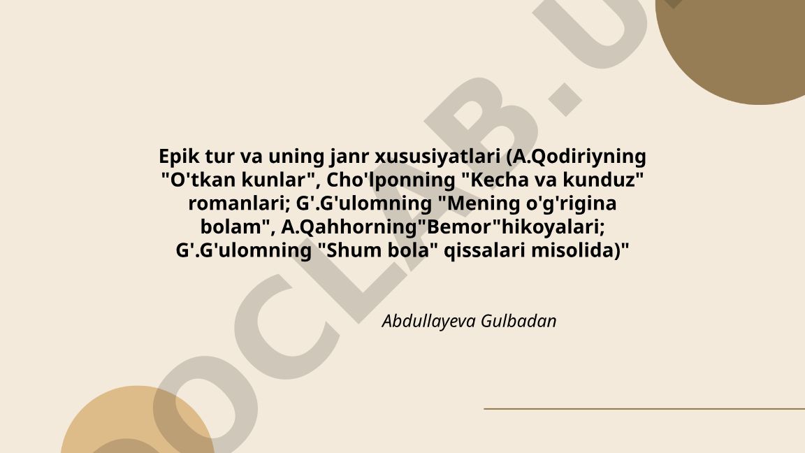 Epik tur va uning janr xususiyatlari (O'zbek adabiyoti asarlari misolida)