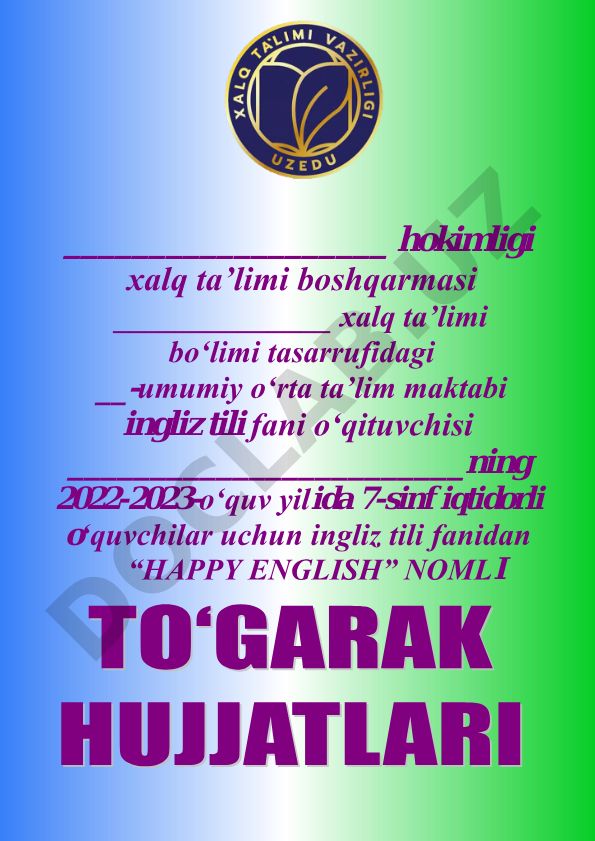7-sinf iqtidorli o'quvchilar uchun ingliz tili fanidan "HAPPY ENGLISH" to'garagi ish rejasi