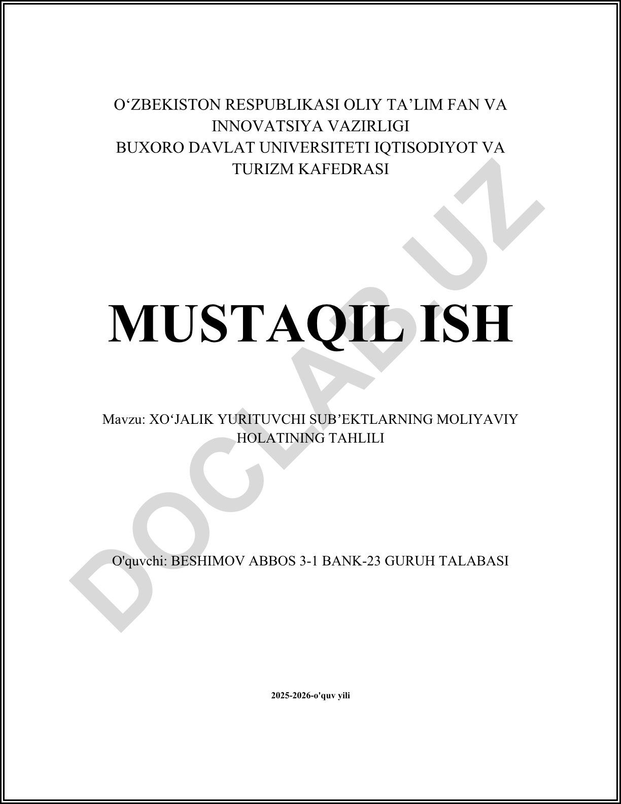 Xoʻjalik yurituvchi subʼektlarning moliyaviy holatining tahlili