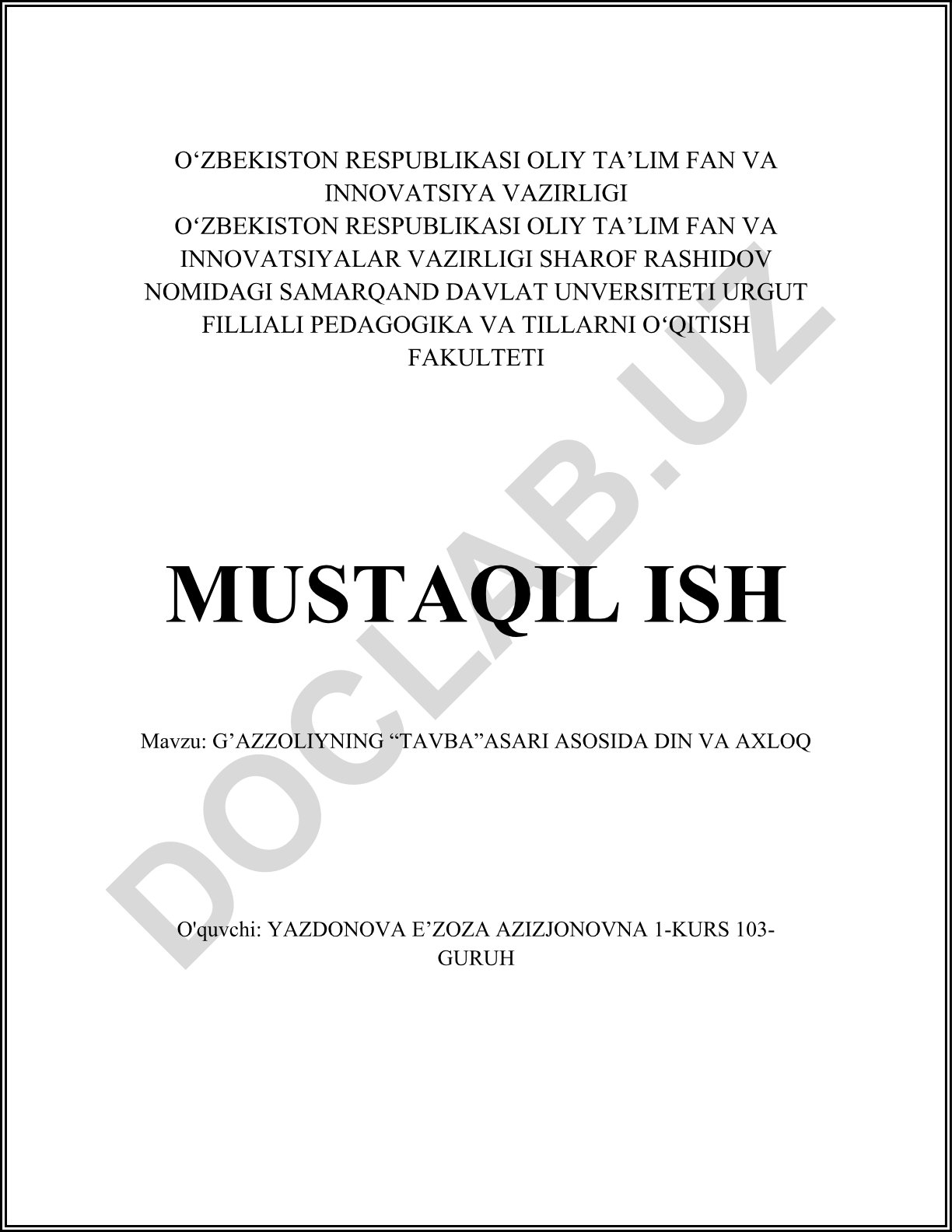 G'azzoliyning "Tavba" asari asosida din va axloq